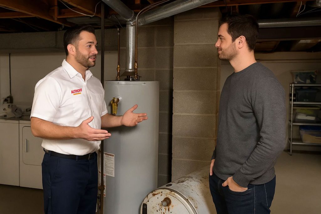 A plumber discussing a new water heater with the homeowner