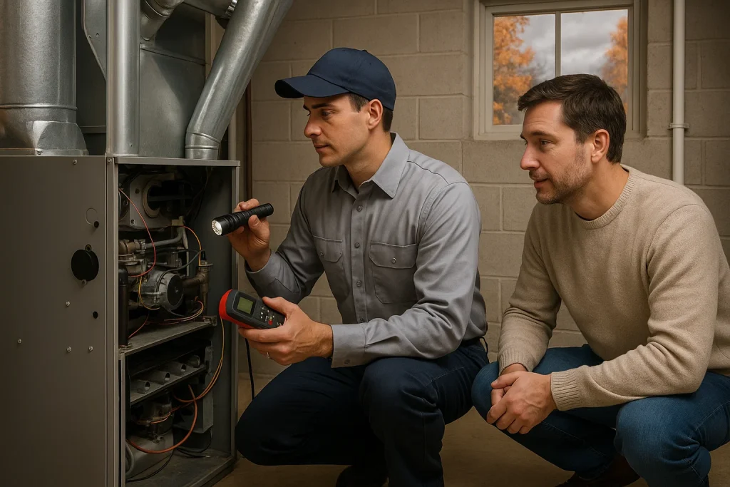 HVAC technician inspects furnace during October tune-up in Crystal Lake home