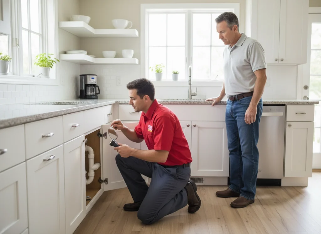 Homeowner and plumber inspecting kitchen sink pipes for leaks.